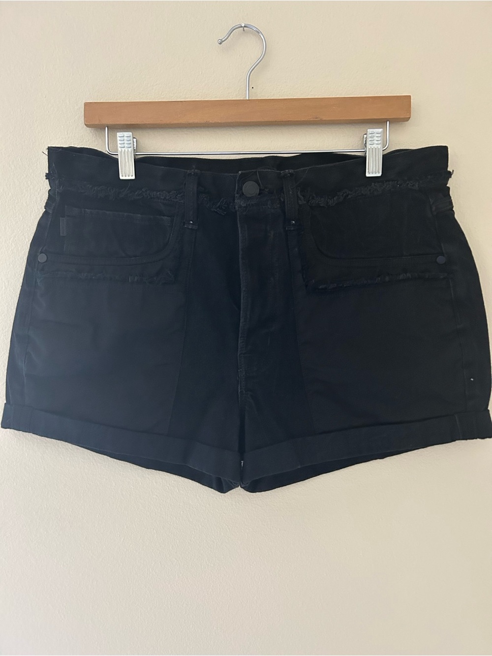 Helmut Lang Black Denim Frayed Waistband Cuffed Shorts